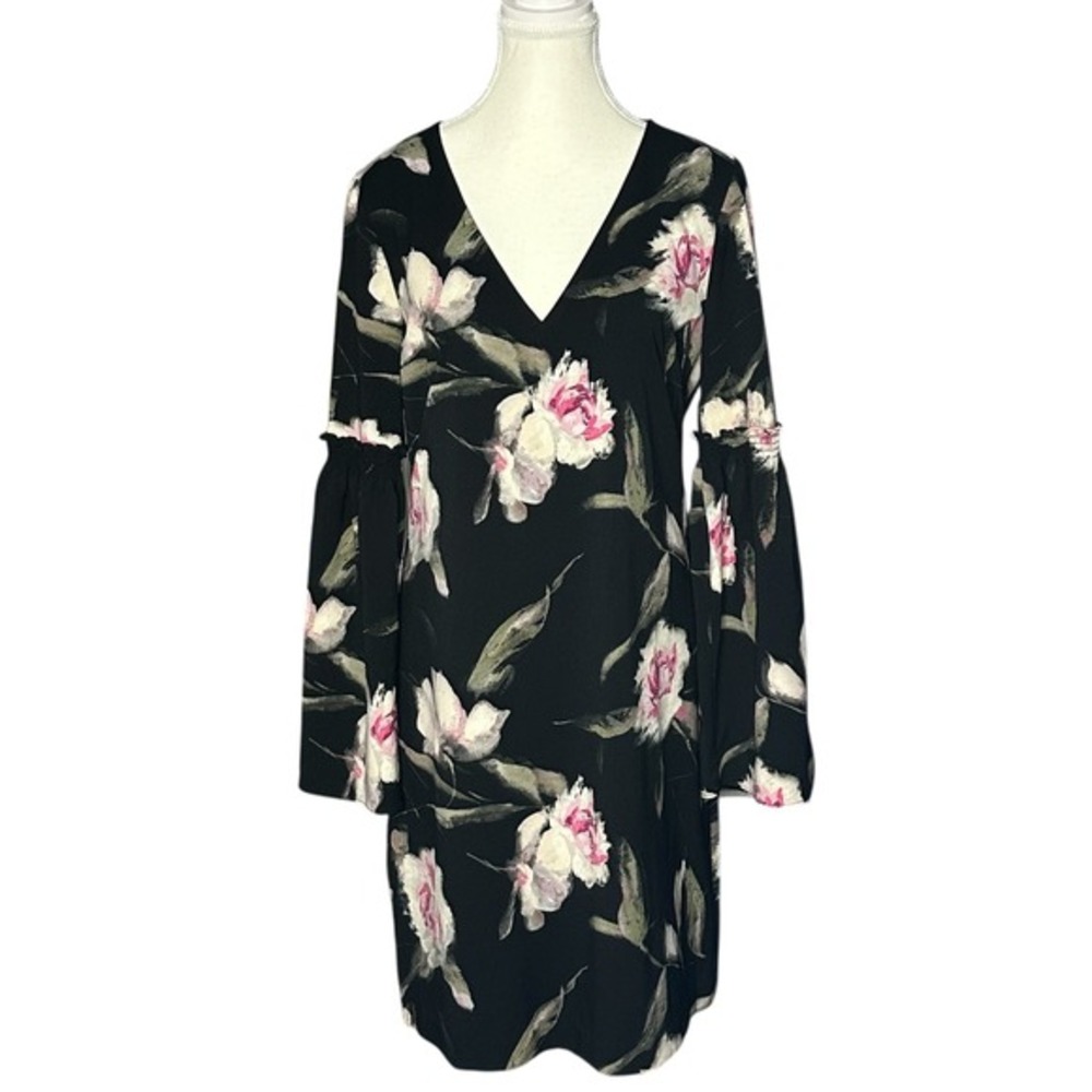 White House Black Market Black NWT Floral Bell Sleeve V Neck Whimsy Midi Dress 8